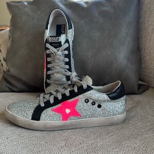 Golden goose Sneakers- Silver with Bright Pink star